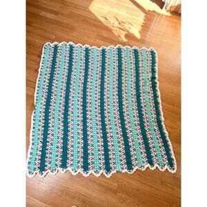 Handmade Crochet Blanket Green Pink Stripe Vintage Afghan Blanket